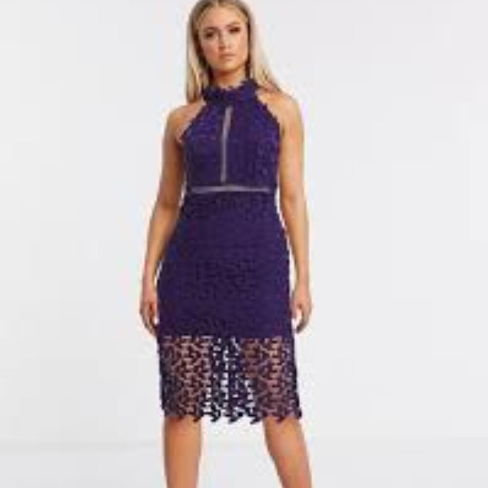 Revolve Bardot NEW Gemma Lace Halter Midi Dress Size 6 Purple